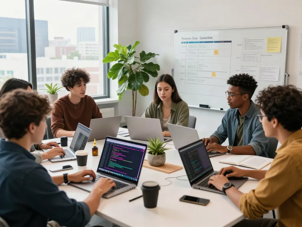 Developers collaborating on technology projects in a vibrant workspace, highlighting pecah404.