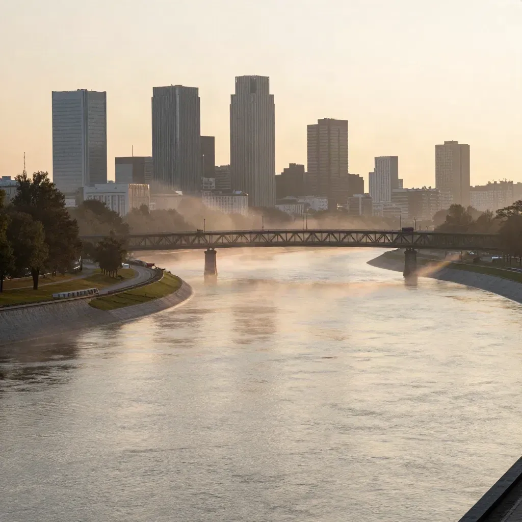 Warszawa nad Wisłą o świcie, mosty i skyline w porannej mgle